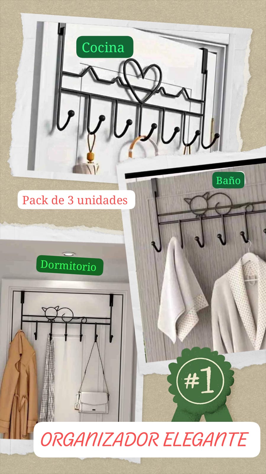 Organizador , Perchero para Puertas PACK de 3 percheros